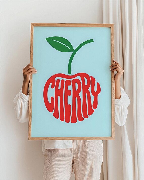 Red Cherry Word Lettering On Sky Blue Background Retro Pop Art Poster