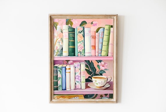 Pastel Book Stack Painting, Whimsical Reading Nook Art