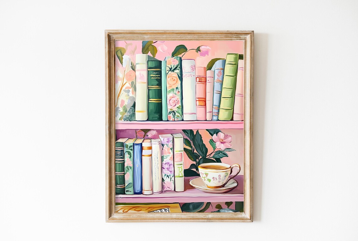 Pastel Book Stack Painting, Whimsical Reading Nook Art