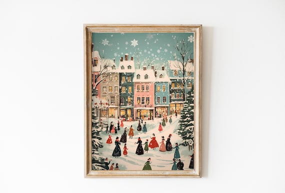 Vintage Winter Town Wall Art Christmas Village Cute Christmas Decor Cozy Season Print Farmhouse Decor Print