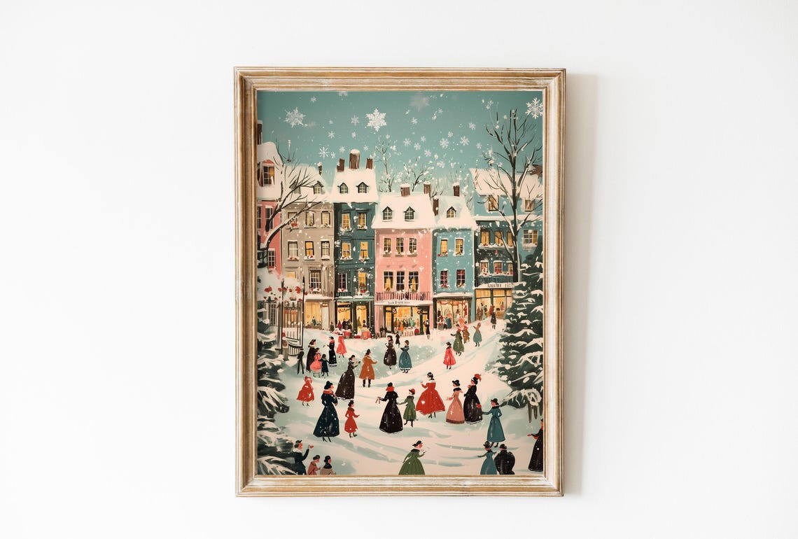 Victorian Winter Town Square Gathering in Falling Snow Poster