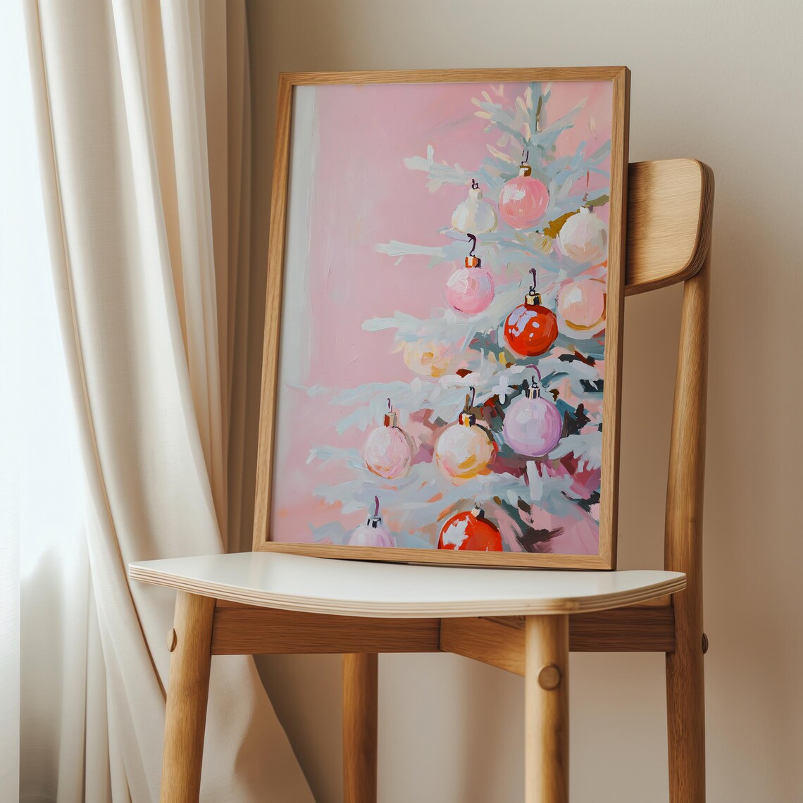 Pink Christmas Tree with Colorful Glass Ornaments Closeup Poster - Image 3