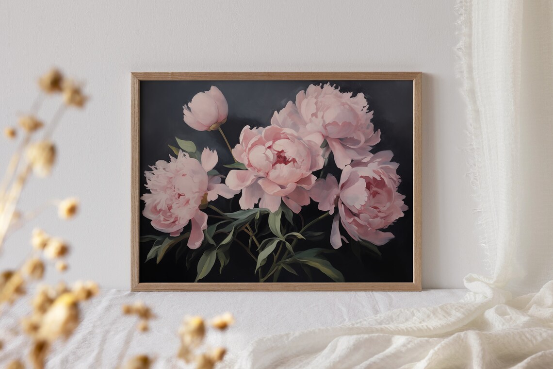 Pink Peony Blossom Moody Dark Background Vintage Style Wall Poster - Image 2