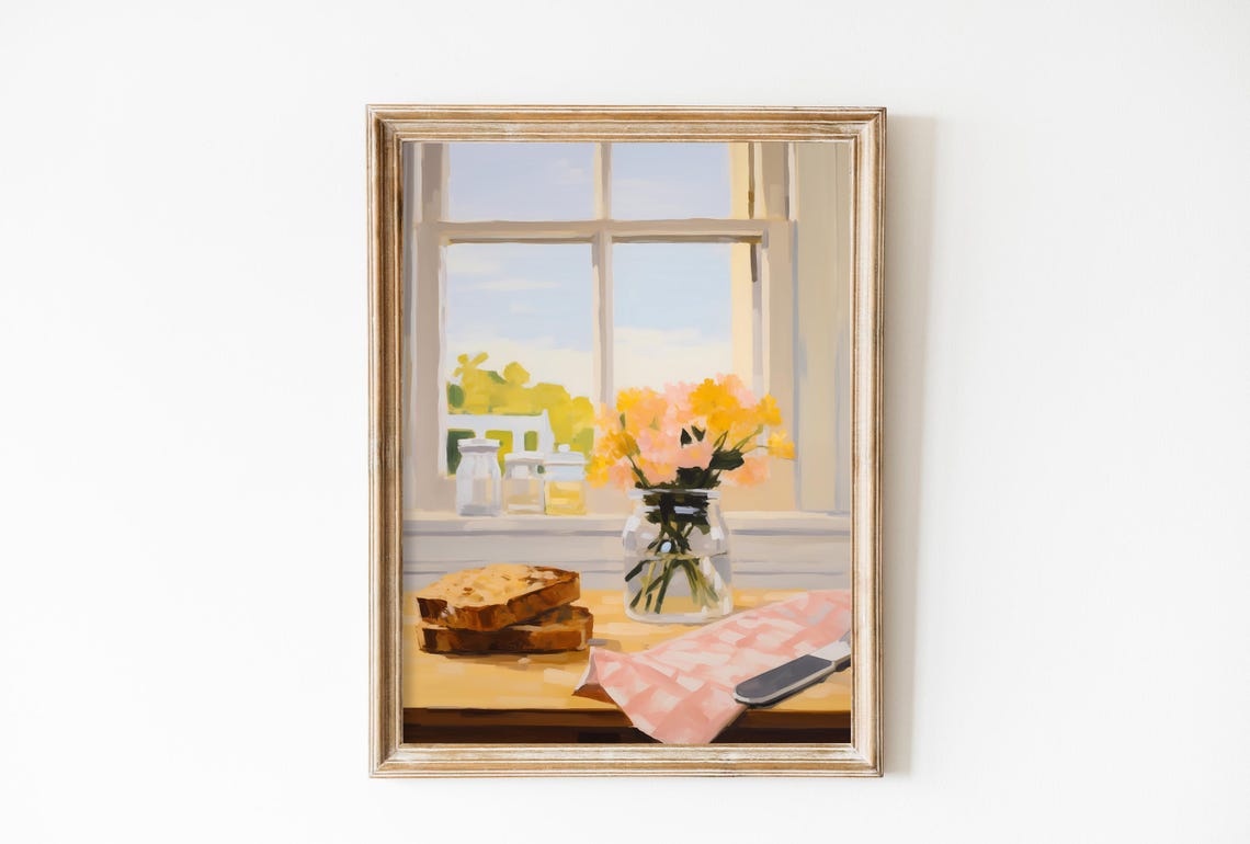 Vintage English Countryside Cottage Painting French Toast And Flowers Wall Art Rustic Kitchen Decor Farmhouse Summer Window Painting