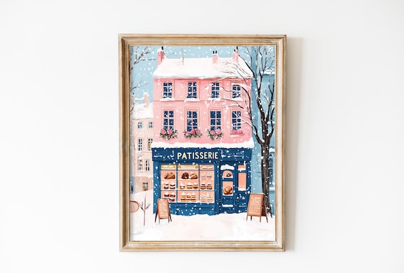 Pink Paris Patisserie Storefront in Snow with Pastry Window Poster