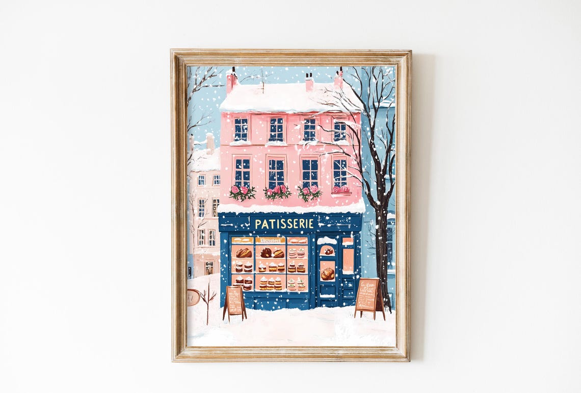 Pink Paris Patisserie Storefront in Snow with Pastry Window Poster