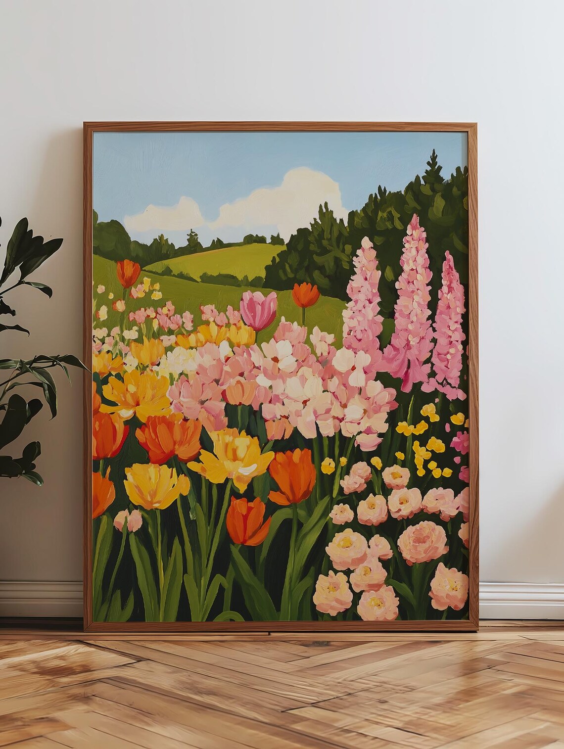 Colorful Wildflower Field With Tulips Under Blue Sky Art Poster - Image 3