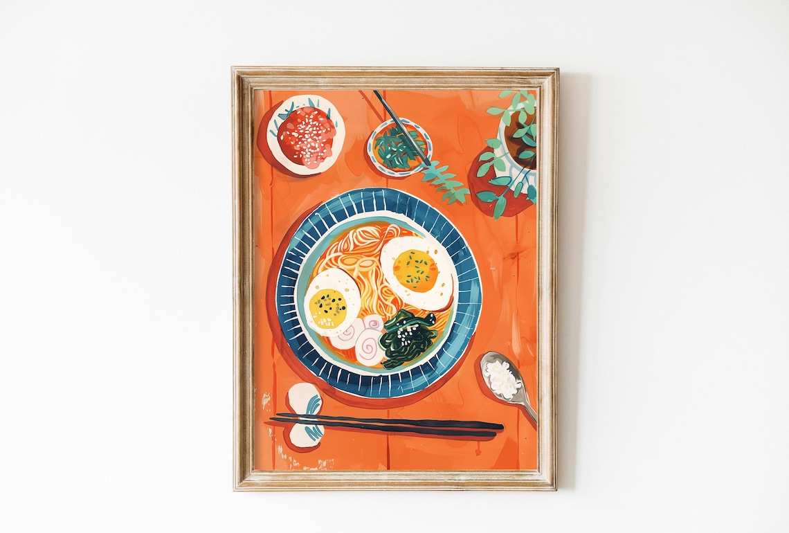 Japanese Ramen Bowl Flatlay Cute Orange Asian Kitchen Food Art Poster