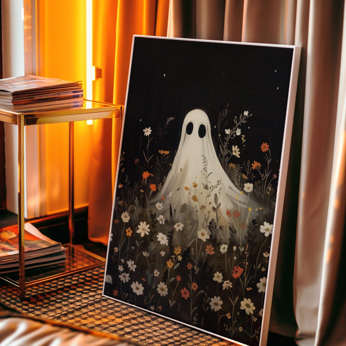 White Ghost In Wildflower Field At Night Spooky Cute Art Poster - Image 3