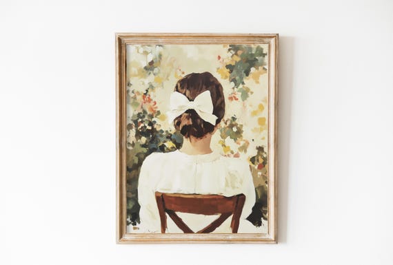 Retro Cottage Core Portrait White Bow Girl Portrait Vintage Decor Renaissance Girls Room Art Pastel Painting Preppy Funky Print