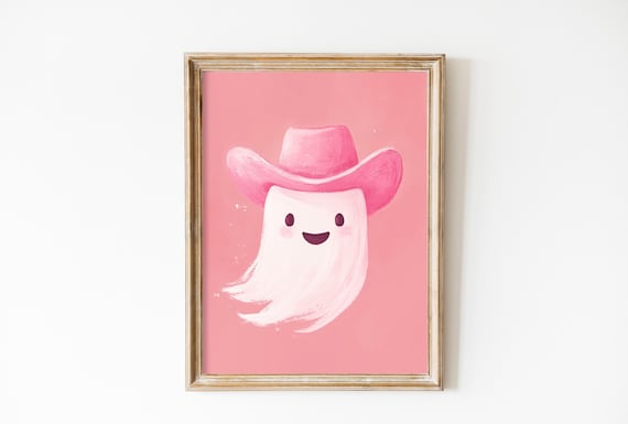 Vintage Pink Cowboy Ghost Art Western Pink Halloween Print Rodeo Ghost Painting Cute Kawaii Halloween Wall Art Funny Trendy Kids Room