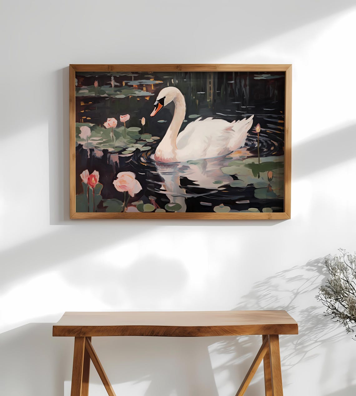 White Swan Lily Pond Night Painting Romantic Bird Art Poster - Image 2