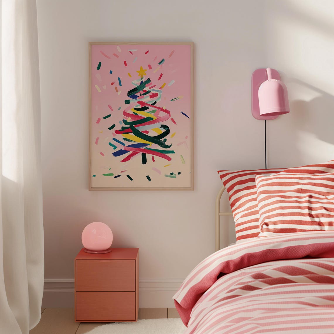 Minimalist Confetti Ribbon Christmas Tree on Blush Pink Poster - Image 2