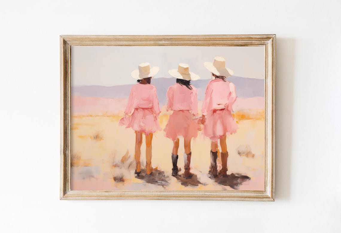 Vintage Pink Cowgirls Print Trendy Western Poster Girly Dorm Decor Light Pink Apartment Painting 1950s Aesthetic Western Boho Girl Art