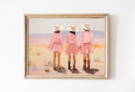 Three Pink Cowgirls Desert Sunset Western Rodeo Artwork Poster