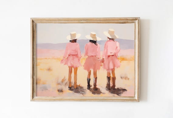 Vintage Pink Cowgirls Print Trendy Western Poster Girly Dorm Decor Light Pink Apartment Painting 1950s Aesthetic Western Boho Girl Art