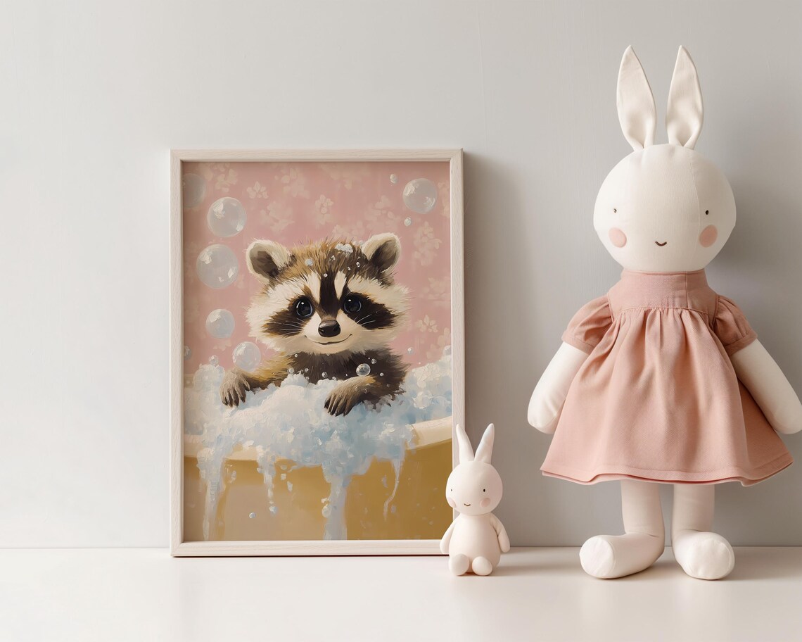 Sweet Raccoon Bubble Bath in Pink Vintage Tub Nursery Poster - Image 3