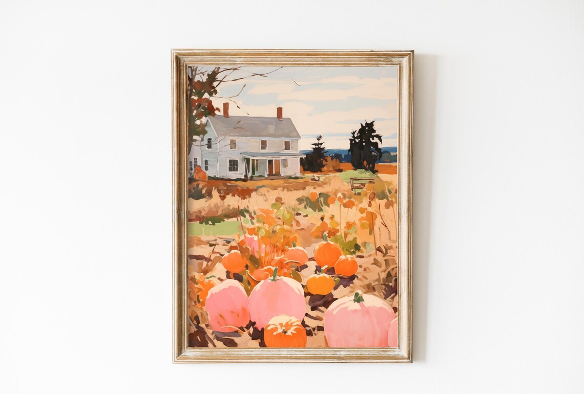 Farmhouse Country House Pumpkin Field Autumn Landscape Poster