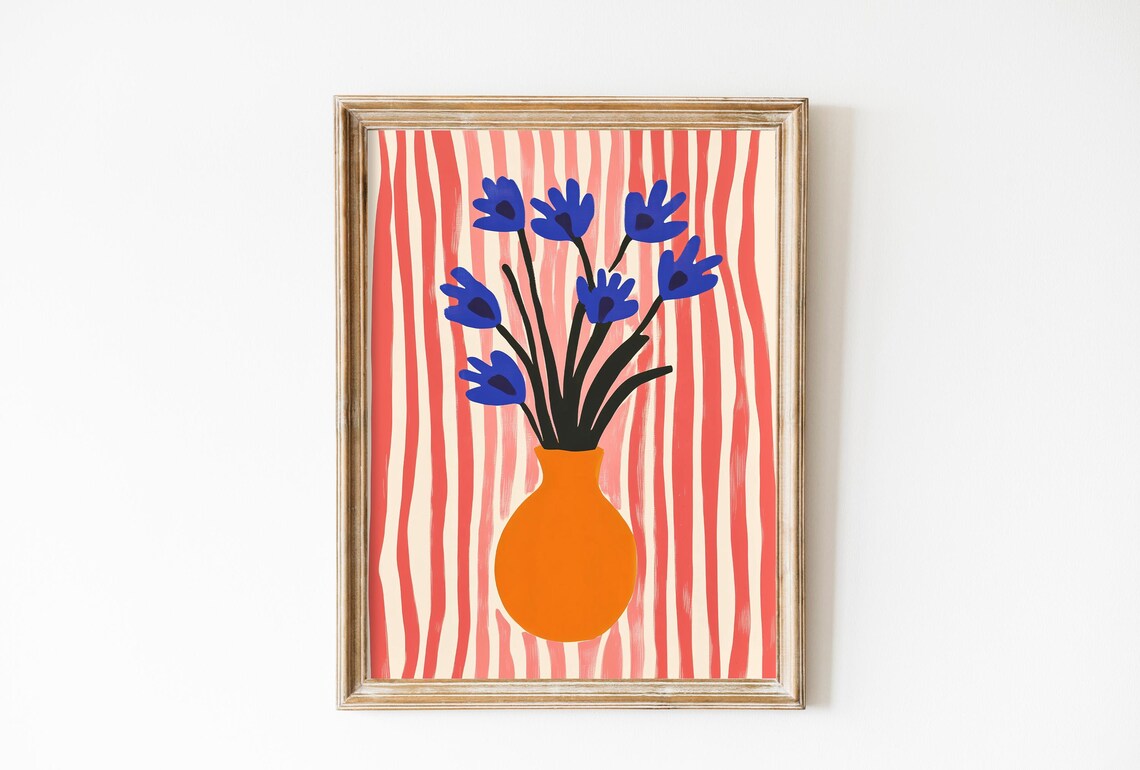 Blue Flowers In Orange Vase On Pink Striped Background Art Poster