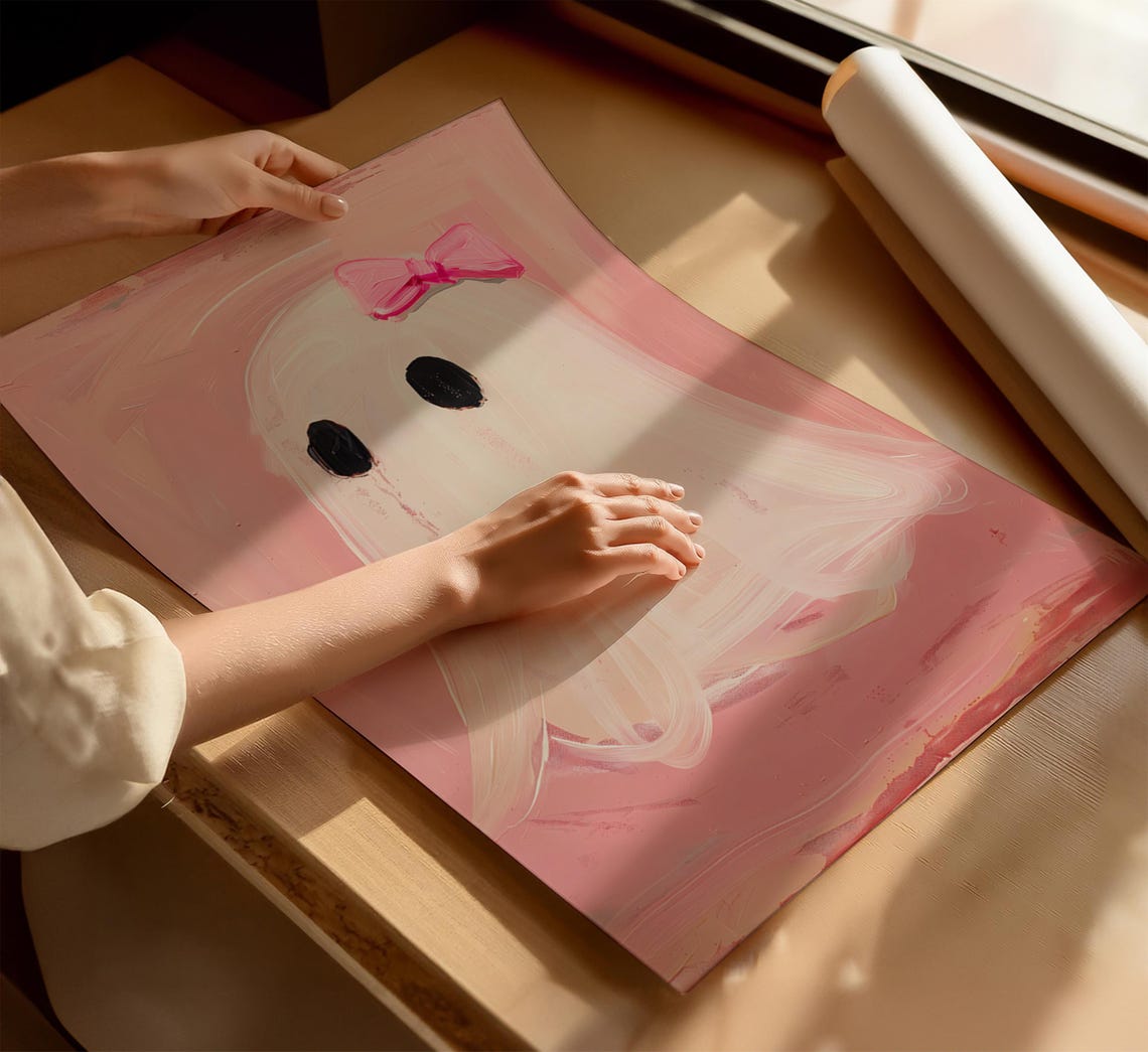 Cute White Ghost Pink Bow Pink Background Halloween Art Poster - Image 2