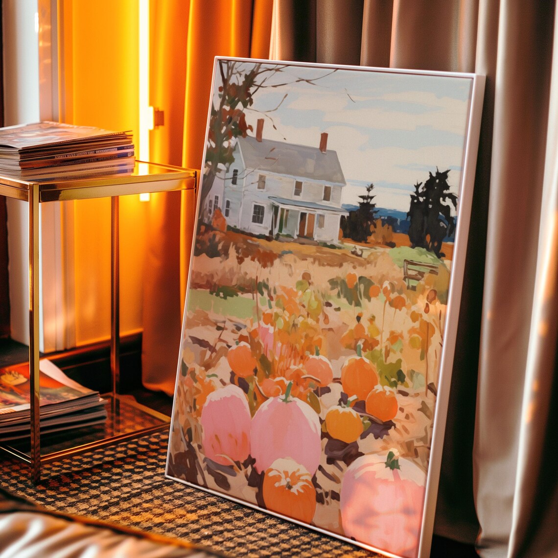 Farmhouse Country House Pumpkin Field Autumn Landscape Poster - Image 3