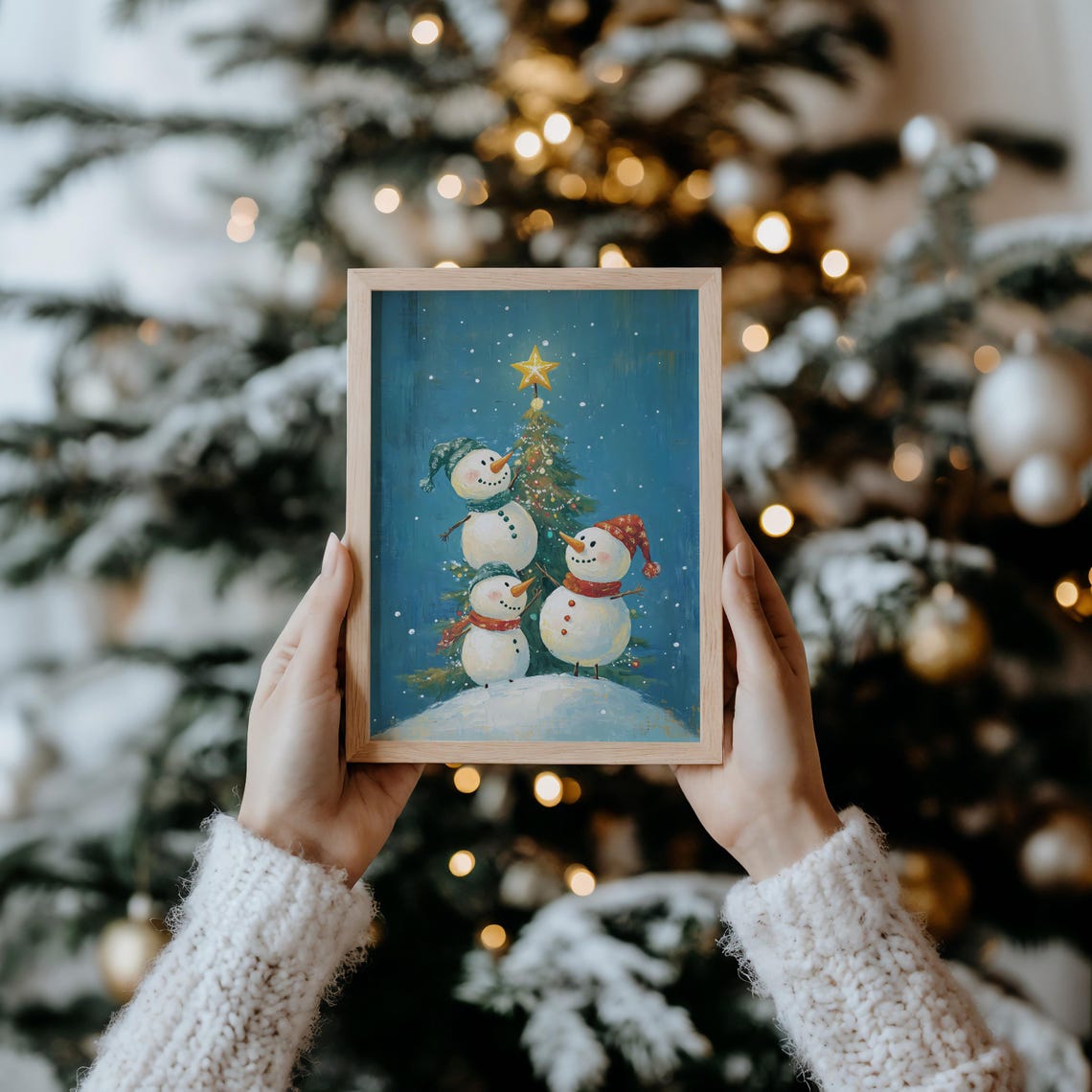 Three Snowmen Decorating Christmas Tree On Blue Background Poster - Image 2