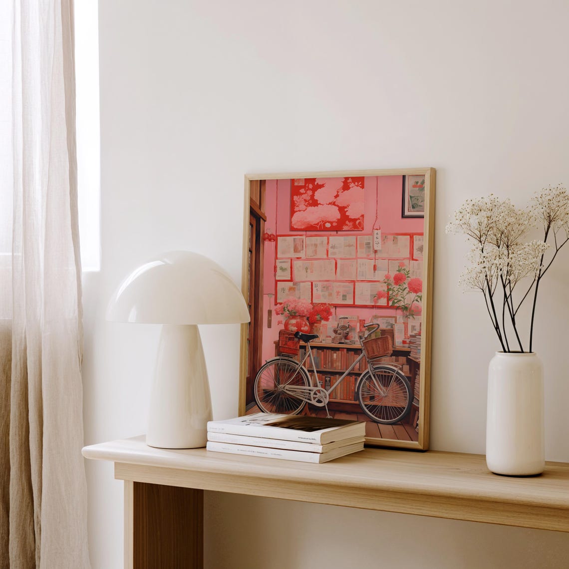 Pink Japanese Bookshop Interior with Bicycle Coquette Poster - Image 3