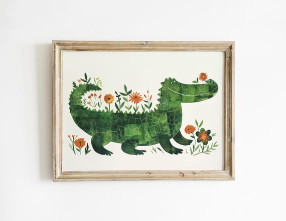 Whimsical Crocodile Nursery Floral Art Safari Green Print Alligator Printed And Shipped Len10a1