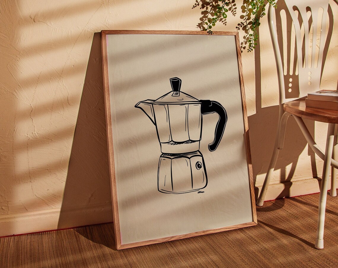 Moka Pot Line Drawing Minimalist Coffee Maker Sketch Kitchen Decor Poster