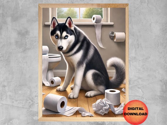 Siberian Husky Dog On Toilet Wall Art Paper Print Funny Kids Bathroom Decor Pet Animal Poster Lover Gift