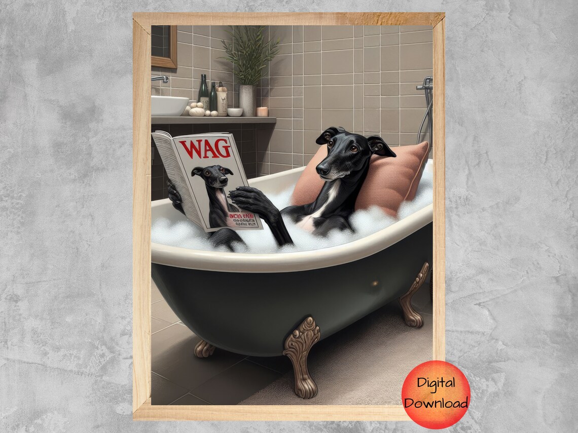 Black Greyhound in Bathtub Funny Dog Bathroom Art