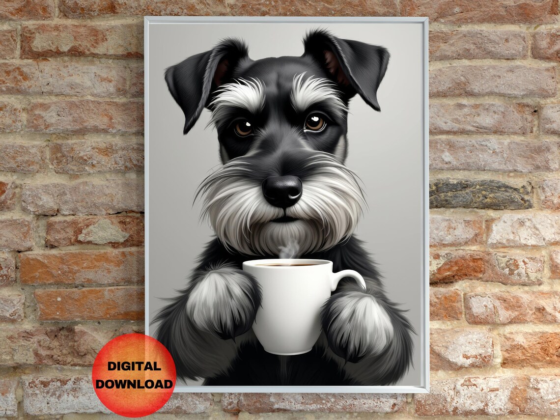 Schnauzer Drinking Coffee, Funny Dog Poster