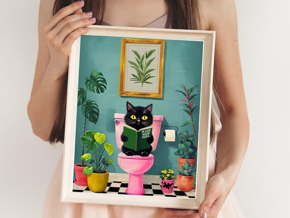 Retro Black Cat Bathroom Wall Art Funny Vintage Midcentury Modern Whimsical Feline Decor On Toilet