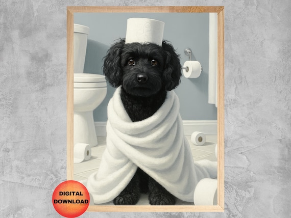 Black Cockapoo Bathroom Wall Art Cavapoo Toilet Funny Kids Print Whimsical Dog Lover Gift