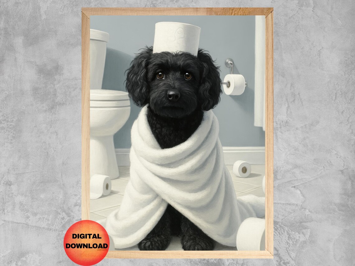 Funny Black Cockapoo Dog Wrapped In Towel Bathroom Humor Poster