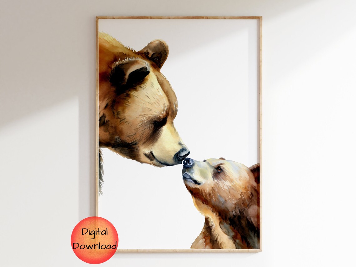 Bear Mom And Baby Watercolor, Nursery Decor