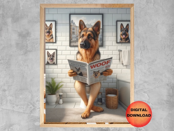 German Shepherd Bathroom Wall Art Funny Dog Toilet Poster Whimsical Animal In Alsatian Humor Print