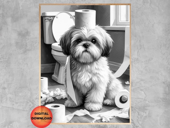 Black And White Shih Tzu Bathroom Wall Art Funny Toilet Paper Print Gift For Lovers Dog Humor Poster