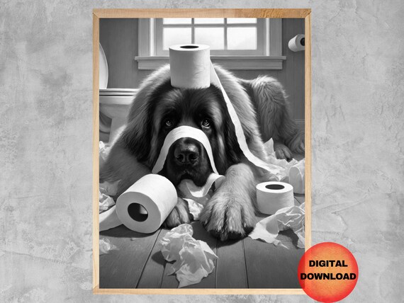 Leonberger Toilet Paper Wall Art Funny Bathroom Black And White Print Dog Lover Gift Kids Decor Animal