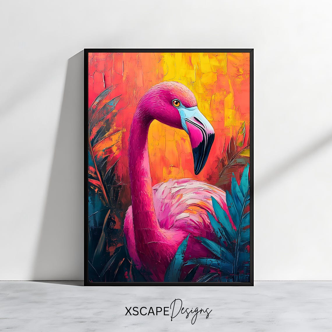 Pink Flamingo Portrait Tropical Orange Sunset Bold Wildlife Art Print
