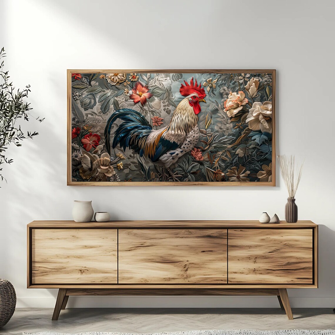 Rooster Floral Tapestry Vintage Farmhouse Rustic Bird TV Art Poster - Image 3