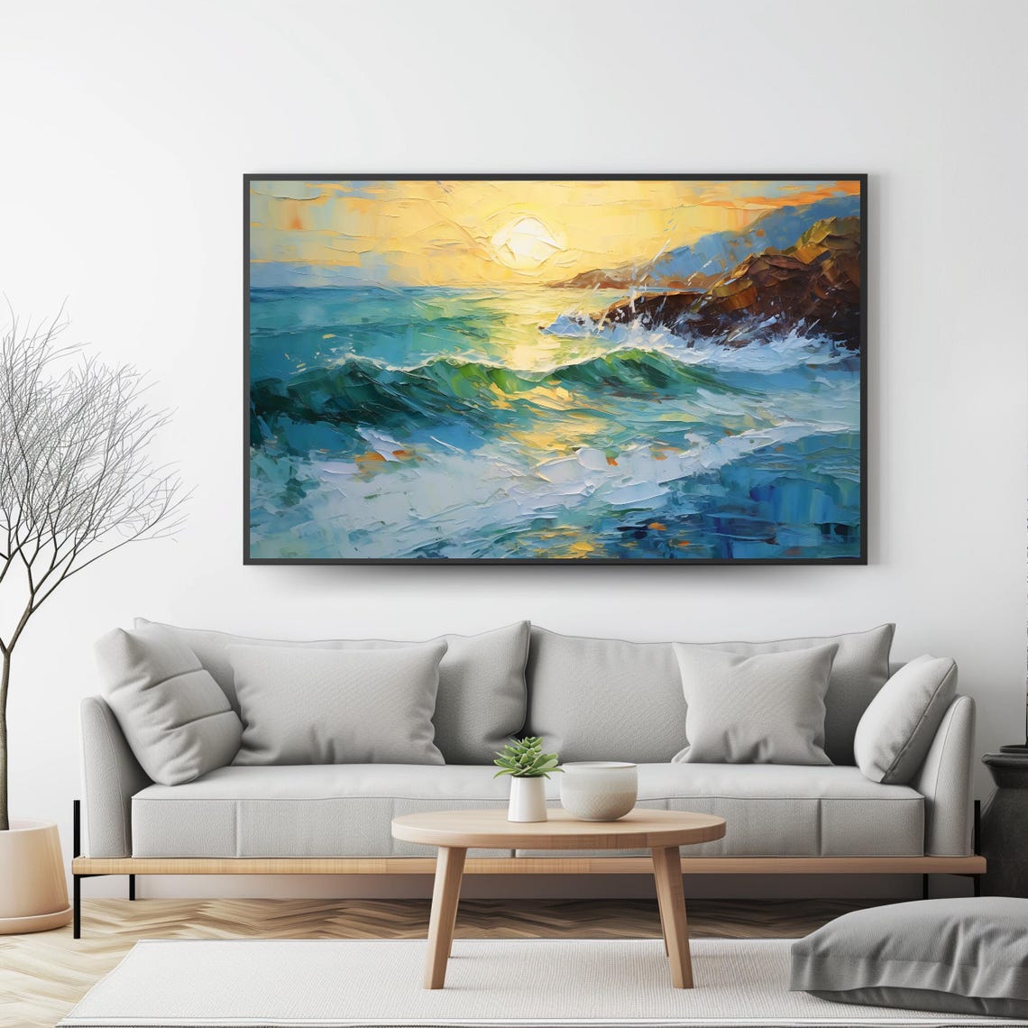 Ocean Sunrise Turquoise Waves Golden Sun Rocky Coast Impasto Wall Art - Image 4