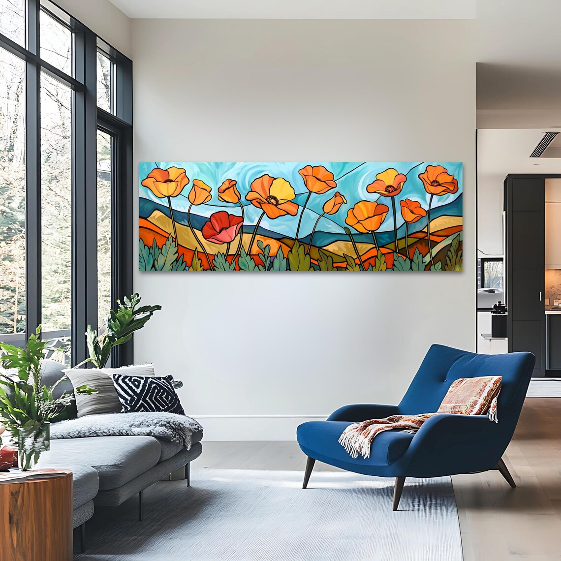 Orange Poppies Stained Glass Style Tall Stems Turquoise Sky Art Poster - Image 3