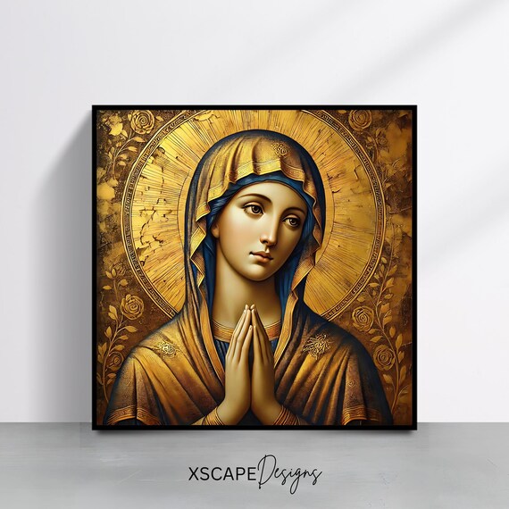 Byzantine Madonna Praying Hands Golden Halo Icon Religious Wall Art