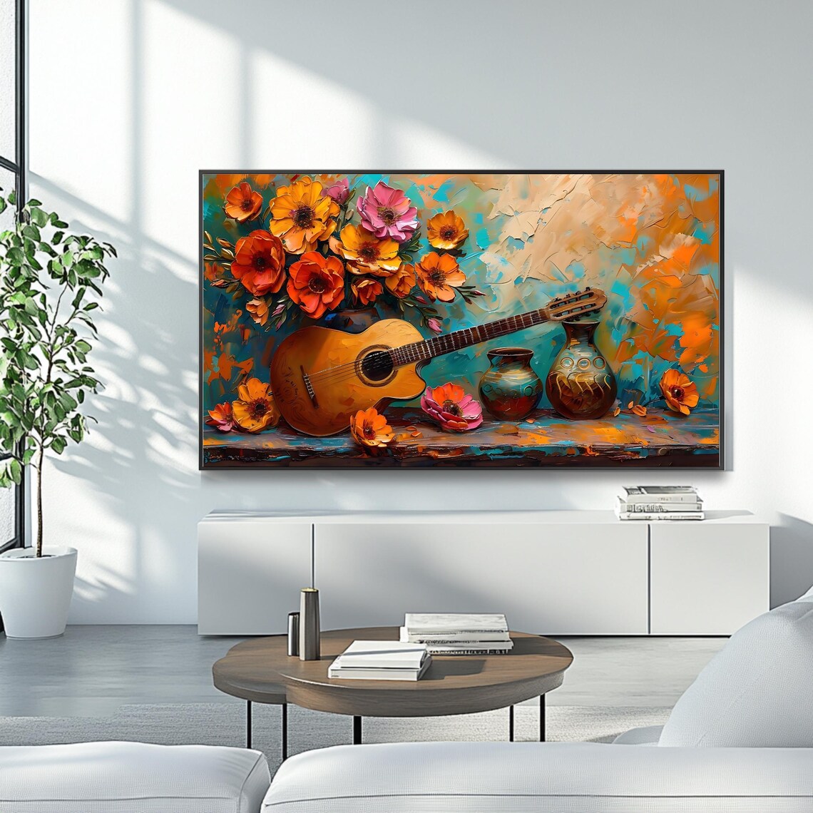 Acoustic Guitar With Orange Floral Bouquet Still Life Art Poster - Image 4