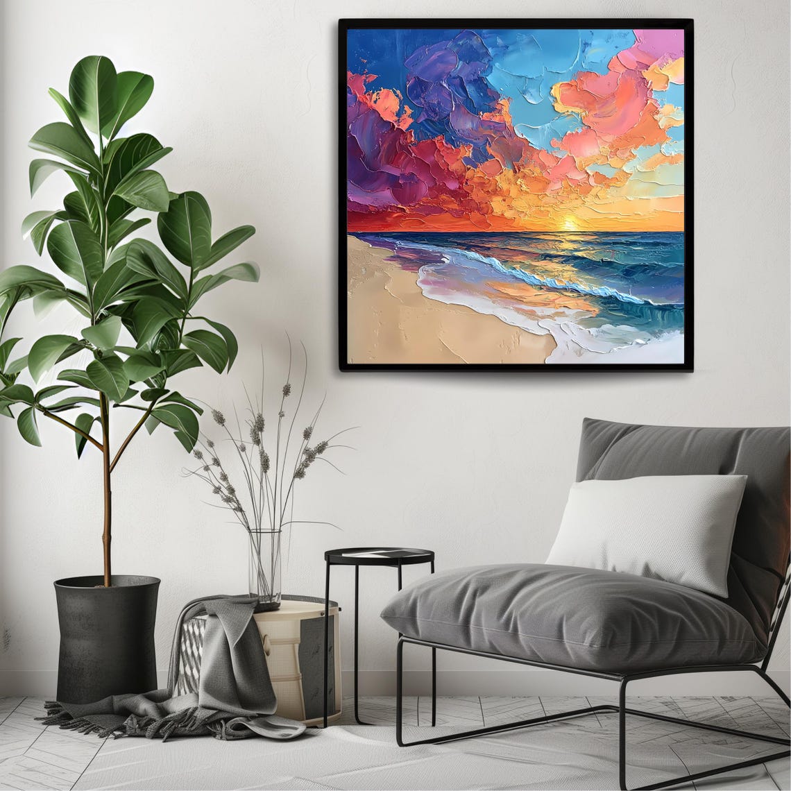 Beach Sunset Dramatic Pink Clouds Ocean Waves Impasto Wall Art Poster - Image 3