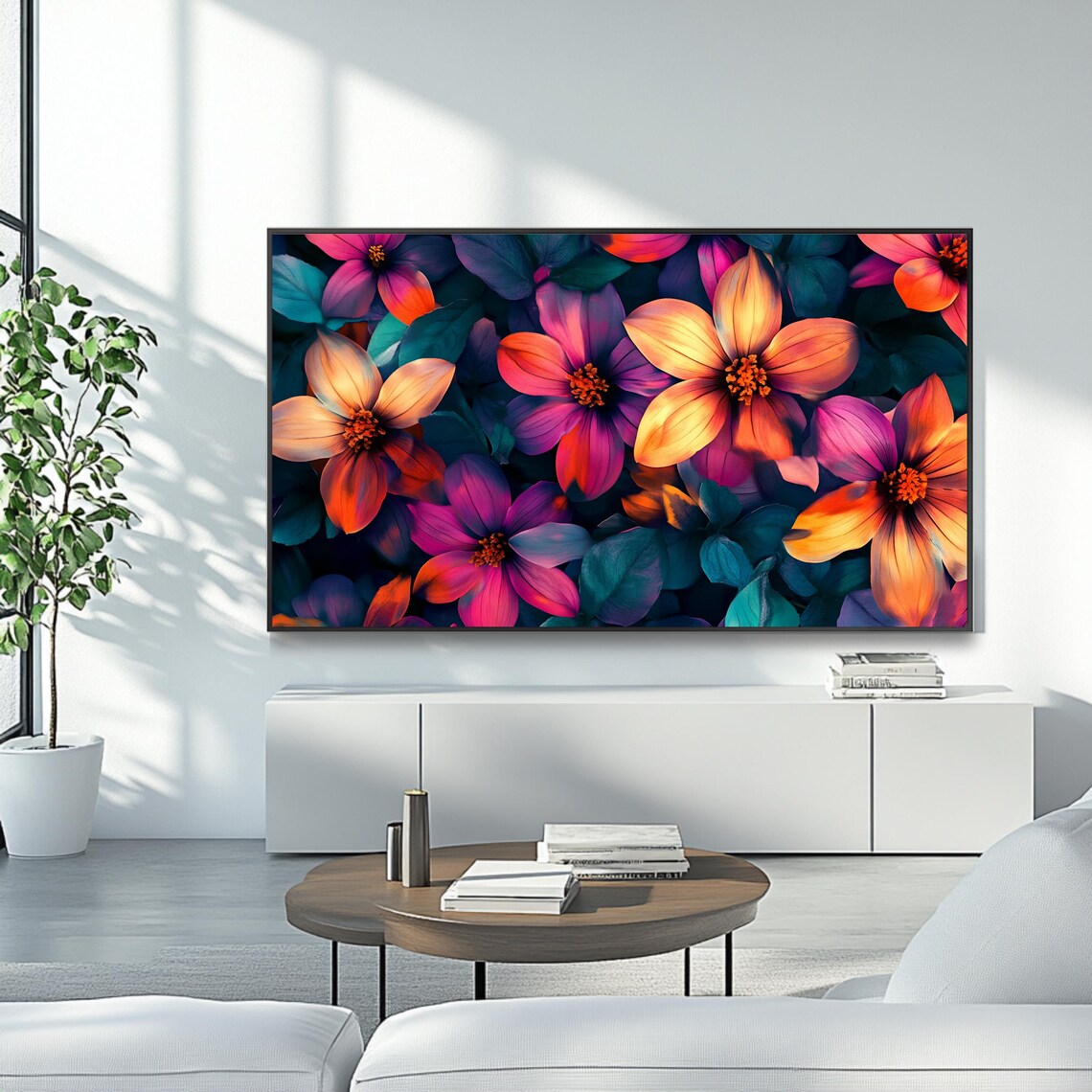 Neon Magenta Orange Flowers On Dark Teal Modern Floral Art Poster - Image 4