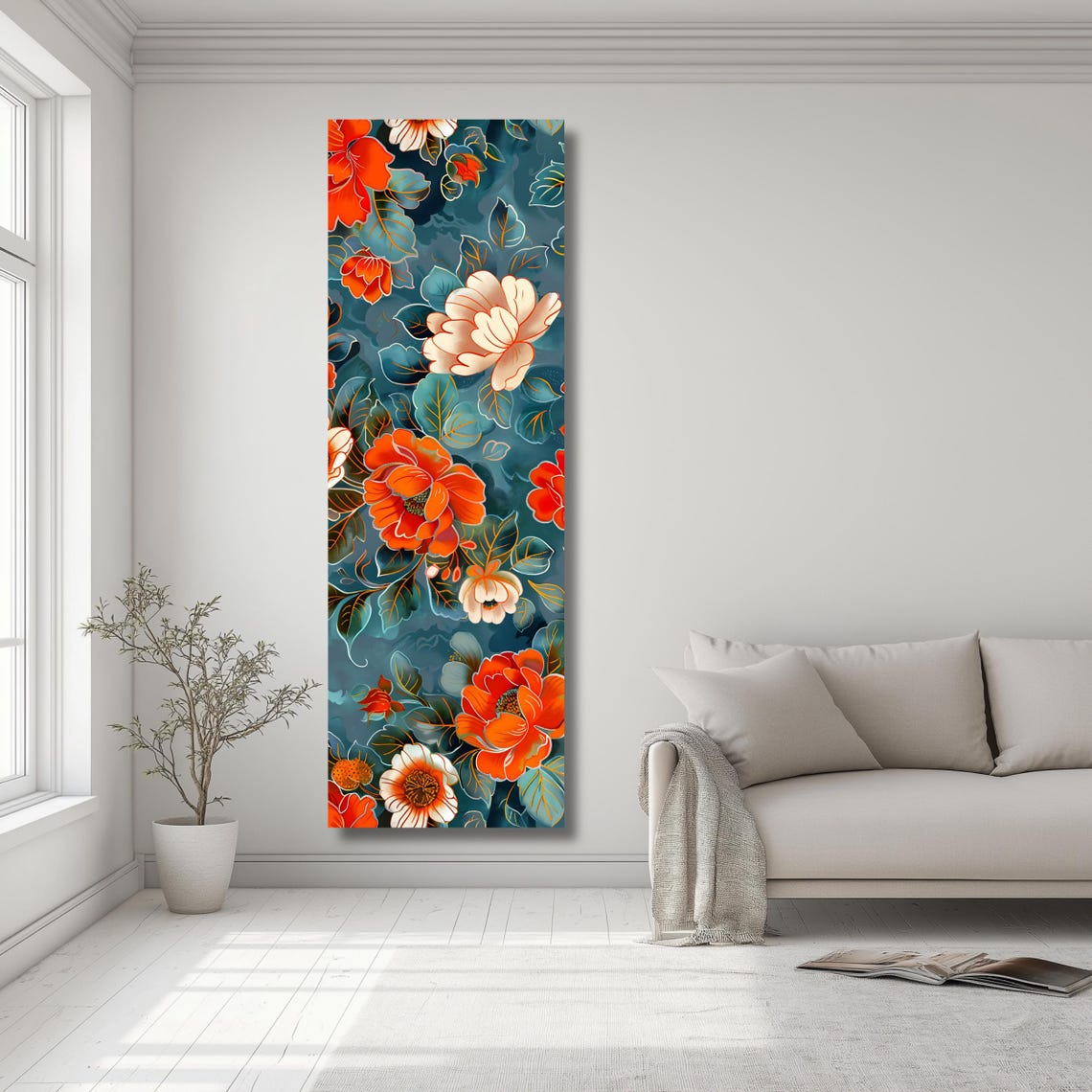 Tall Vertical Floral Pattern Orange Peony Teal Background Print - Image 2