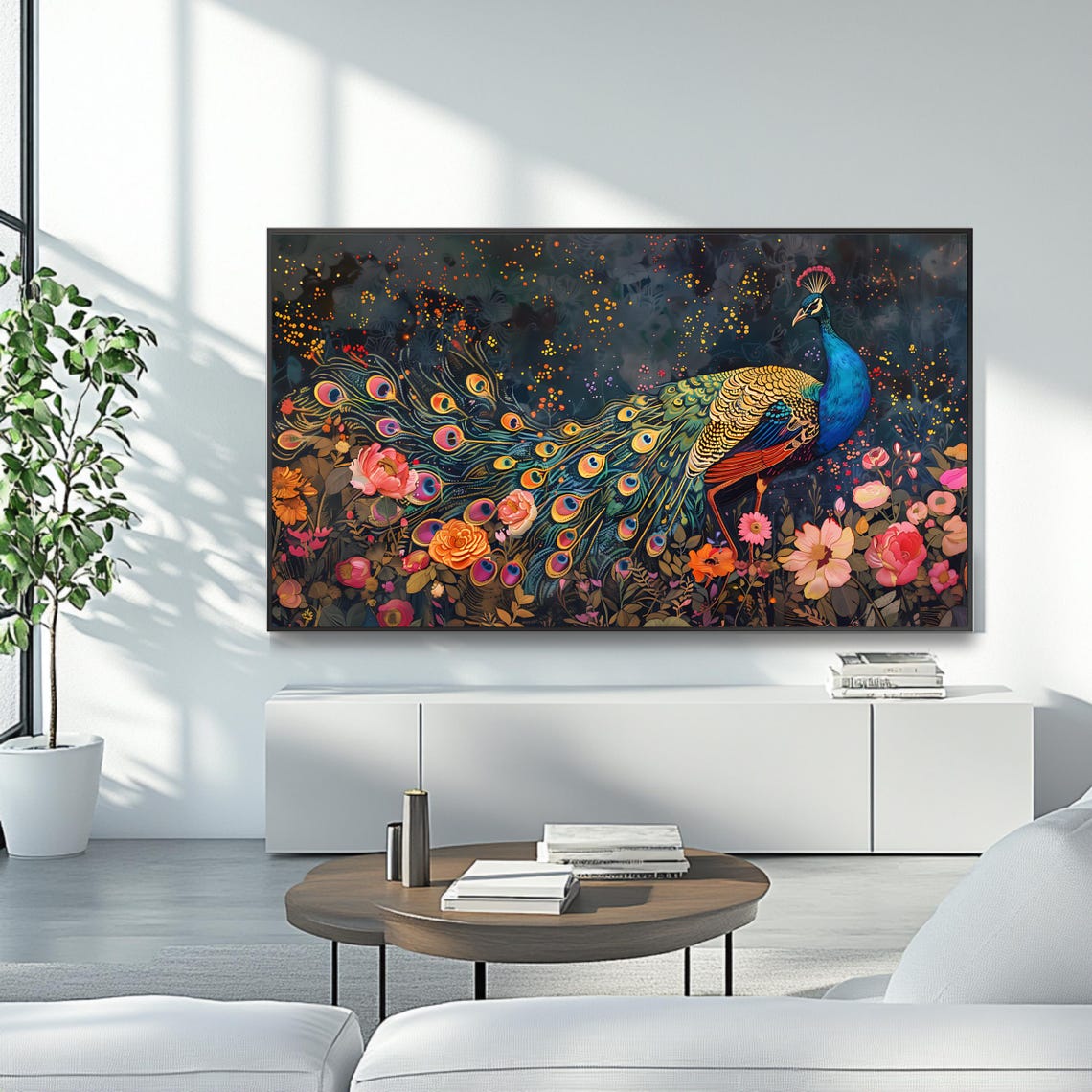Elegant Peacock in Blooming Garden Night Lights Floral Wall Art - Image 4