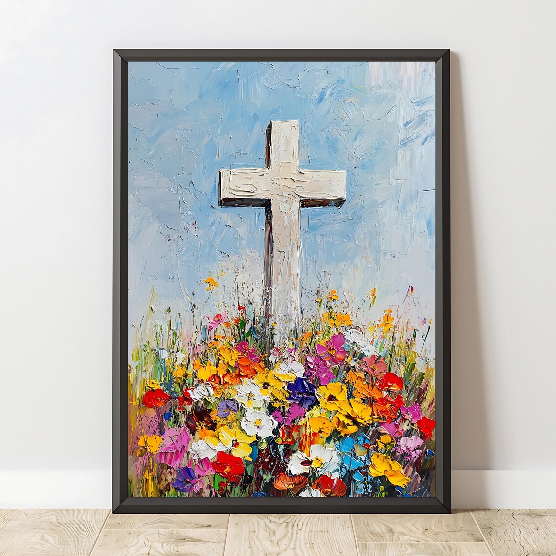 White Cross Wildflower Field Inspirational Christian Oil Painting Art Poster - Image 2